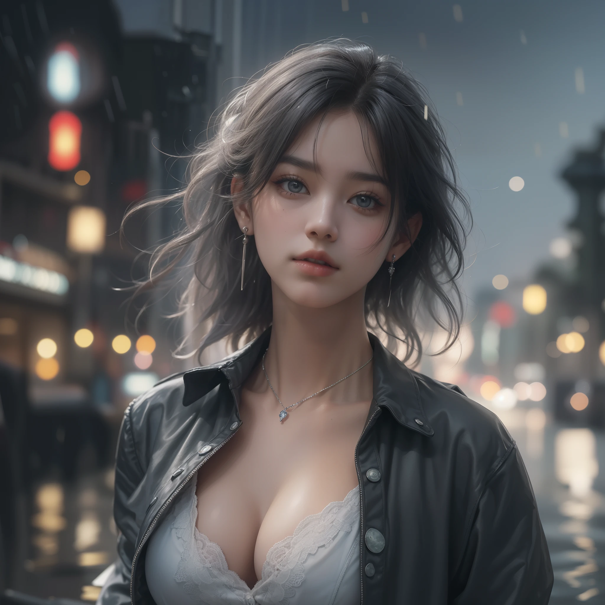 Mix 4, (8k, original photo, best quality, masterpiece: 1.45), (actual, photoactual: 1.37), one girl, Lovely, city View, night, rain, wet, professional lighting, photon mapping, Radiosity, Physically based rendering, gradient black hair, white hair, short curly hair, Handsome, girl, lace(((Deep V neckline)))slip dress, high quality photos, high resolution, 1080P, (clear face), (detailed facial description), (Detailed description of the hand), (masterpiece), (Exquisite CG), Extreme light and shadow, disheveled hair, masterpiece, Rich details, (Exquisite facial features), (highest quality photos), (masterpiece), (delicate eyes), looking in front of your eyes, Thin clavicle, ((big breasts, huge Areola)),(((Areola_slip))),((puffy Areolae)),((side breasts)),(Lower chest),(((collar))),earrings,split,(national foundation:1.2)