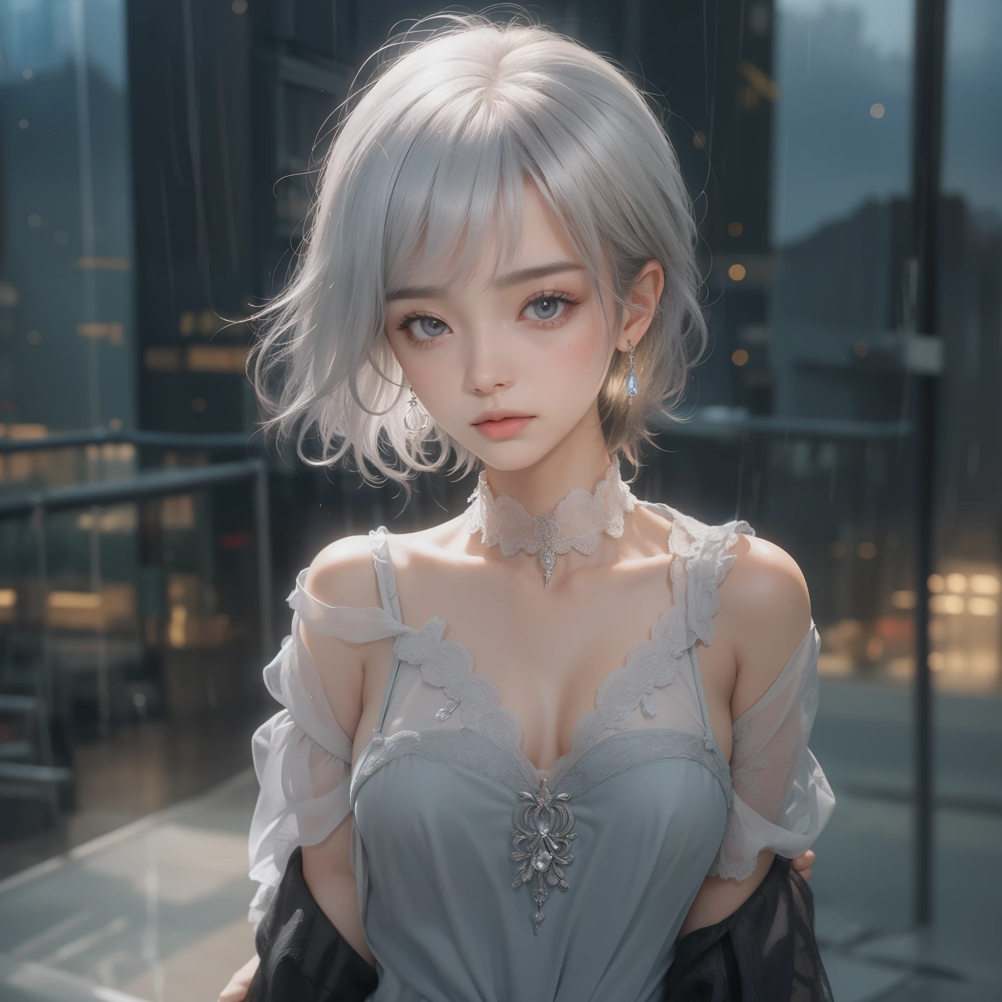 Mix 4, (8k, original photo, best quality, masterpiece: 1.45), (actual, photoactual: 1.37), one girl, Lovely, city View, night, rain, wet, professional lighting, photon mapping, Radiosity, Physically based rendering, gradient black hair, white hair, short curly hair, Handsome, girl, lace(((Deep V neckline)))slip dress, high quality photos, high resolution, 1080P, (clear face), (detailed facial description), (Detailed description of the hand), (masterpiece), (Exquisite CG), Extreme light and shadow, disheveled hair, masterpiece, Rich details, (Exquisite facial features), (highest quality photos), (masterpiece), (delicate eyes), looking in front of your eyes, Thin clavicle, ((big breasts, huge Areola)),(((Areola_slip))),((puffy Areolae)),((side breasts)),(Lower chest),(((collar))),earrings,split,(national foundation:1.2)