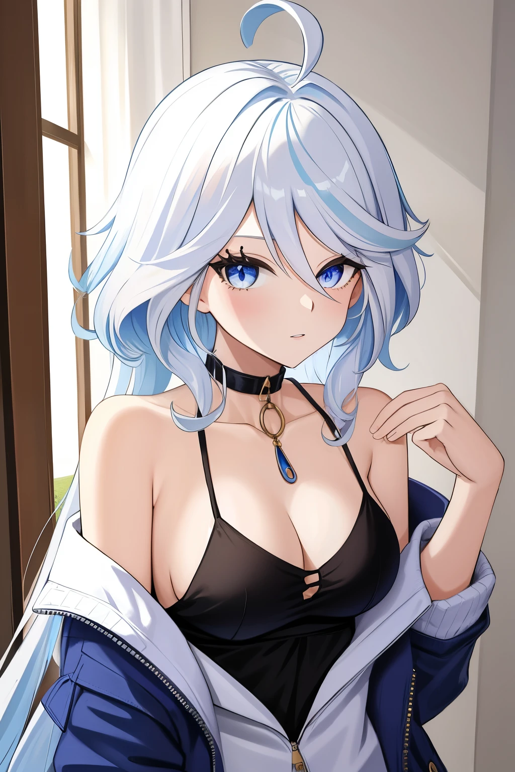 Furina,1girl,solo,long hair,ahoge,blue eyes,white hair,blue hair,bangs, off shoulder, collar bone, cleavage, look at viewer, perfect fingers, armpit peek, jacket, sstt pose