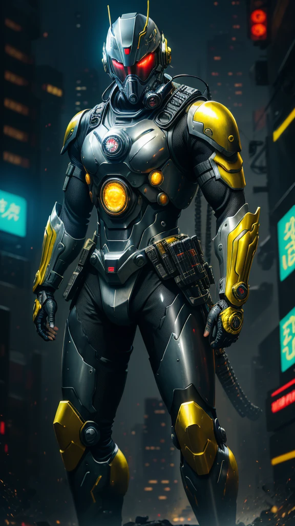 man in cybernetic metal equipment with a katana and a helmet showing masculine and serious face with scars and very bright yellow eyes and golden gas mask , arte cyberpunk inspirada em Marek Okon, vencedor do concurso cgsociety, cobra, equipamento de metal raiden, ataque de metal gear rising, cyber japan style armor, traje metal, japan cyber armor, cyber suit, full cyber combat suit, science fiction costume, traje metal cheio de detalhes de corpo inteiro, villain pose, detalhes no traje metal, fundo cinza estilo aquarela de cores amarelos