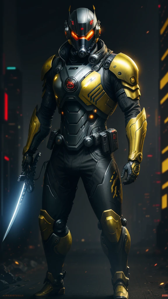 man in cybernetic metal equipment with a katana and a helmet showing masculine and serious face with scars and very bright yellow eyes and golden gas mask , arte cyberpunk inspirada em Marek Okon, vencedor do concurso cgsociety, cobra, equipamento de metal raiden, ataque de metal gear rising, cyber japan style armor, traje metal, japan cyber armor, cyber suit, full cyber combat suit, science fiction costume, traje metal cheio de detalhes de corpo inteiro, villain pose, detalhes no traje metal, fundo cinza estilo aquarela de cores amarelos
