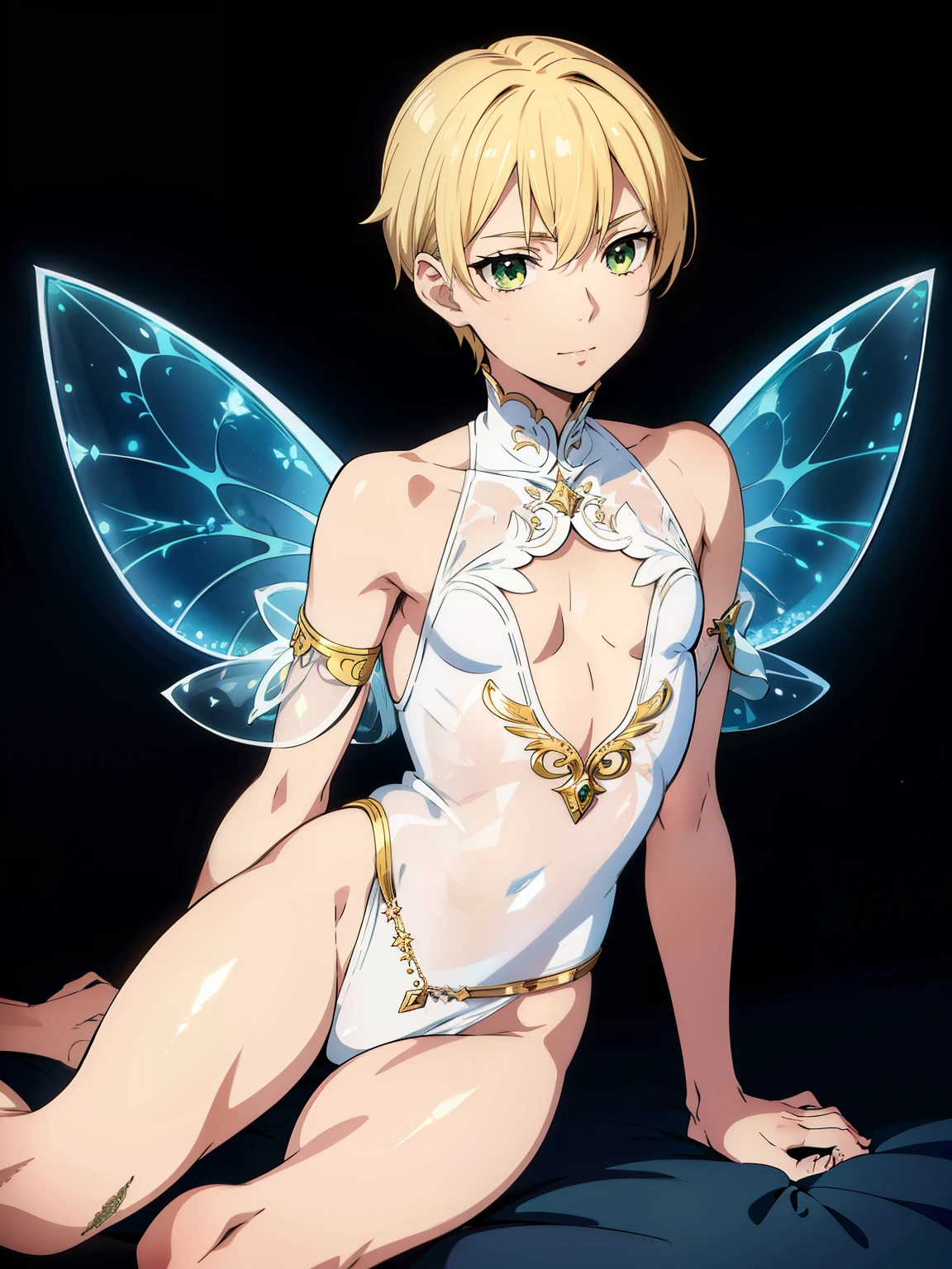 Ultra sharp, masterpiece, best quality, intricate details, detailed eyes, perfect face detailed face, masterpiece, highly detailed exquisite character art, perfectly detailed anatomy 1boy, Boy, Beautiful boy, transparent flowy outfit, pixie, fairy, small, flying, sitting legs spread, shaved sides, glowing, textured skin, whispering, green eyes, blonde hair, glossy face, fairy dust,