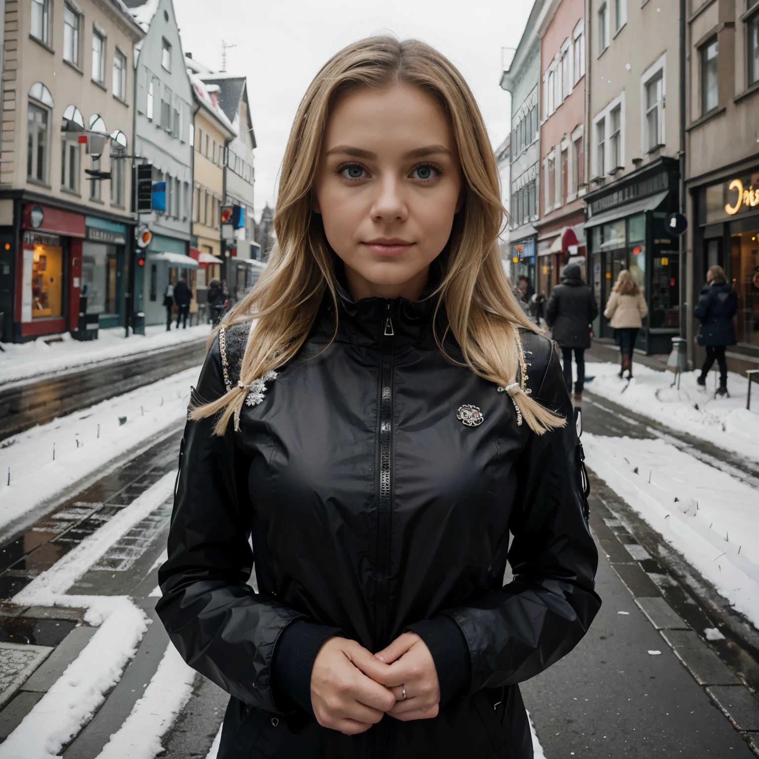 (Meisterwerk, best quality), Beautiful woman, Detaillierte Winterjacke, Hose, Blonde Frau, perfect body, Halskette, Nippelpiercing, glattes Haar, perfektes Gesicht, pretty face, Verlockend, big beautiful eyes, Happy, (Draussen), City streets, Winter, Schnee, helle Farben