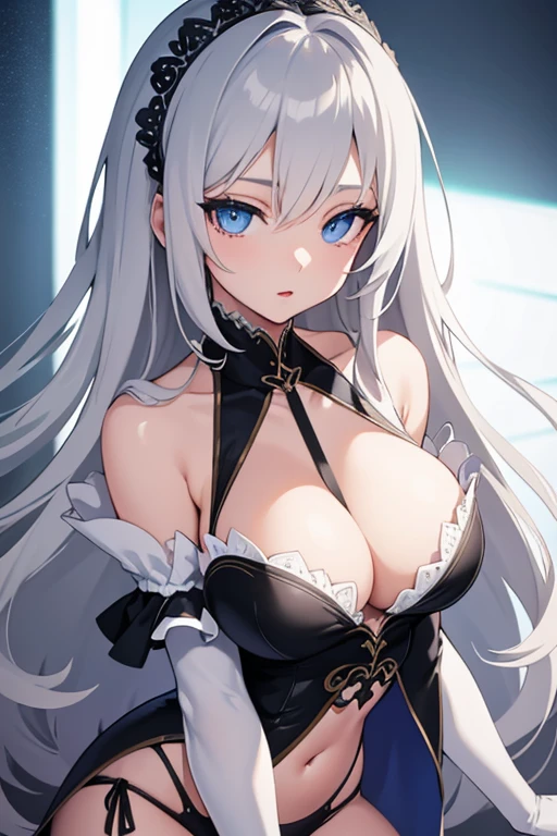 1girl, anime, cute girl, blank background, white background, fantasy, detailed dark fantasy dress with highlights, beautiful face, beautiful eyes, dark colors, silver hair, slightly small breasts, slight cleavage, beautiful skin, cute, breast curtains, extremely delicate and beautiful, (beautiful detailed face:1.0), (detailed deep eyes), symmetrical breasts, deep eyes, shiny skin, portrait, slender waist, hips wider than shoulders, thighs, young girl, expressionless, luminous eyes