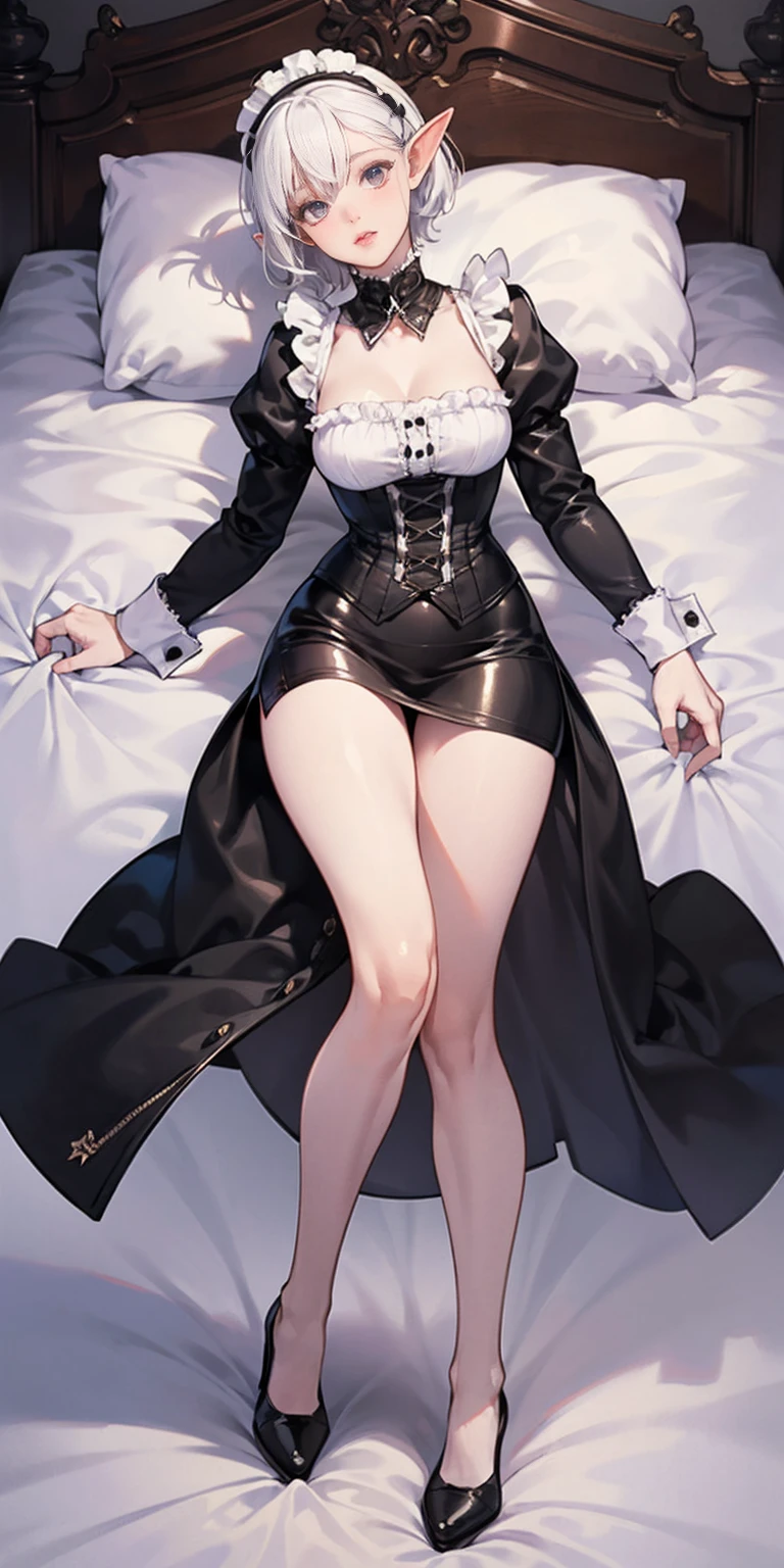 White hair , short hair, pinched eyes, (big-:1.5), Thin legs, thin body, leather collar, Maid outfit victorian, dynamic pose, full body, view from below, wide hips, kneel on the sheet in bed. purple skin, drow elf
