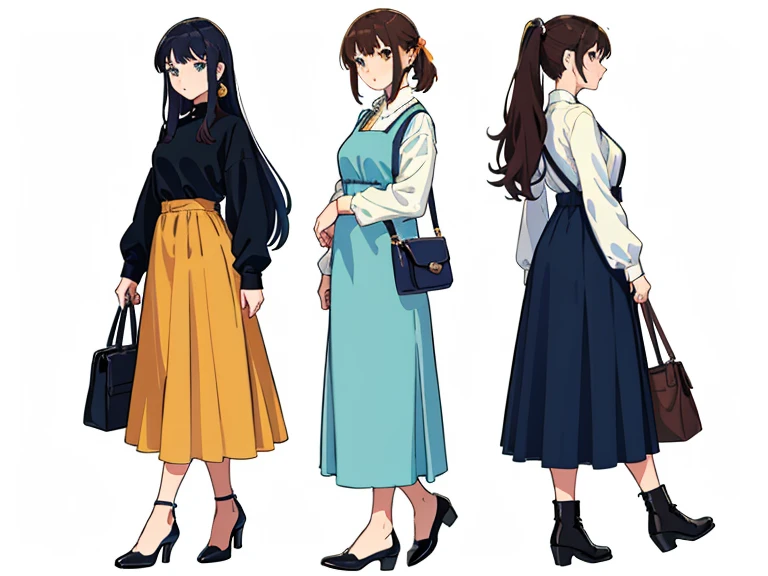 (((Best Quality))) , 4 women, multiple views, white background, variety of hairstyles, variety of fashion styles, holding bag, walk pose, holding smart phone, looking at another, dark blue/dark orange/dark green/dark violet/brown/white, looking to the side,