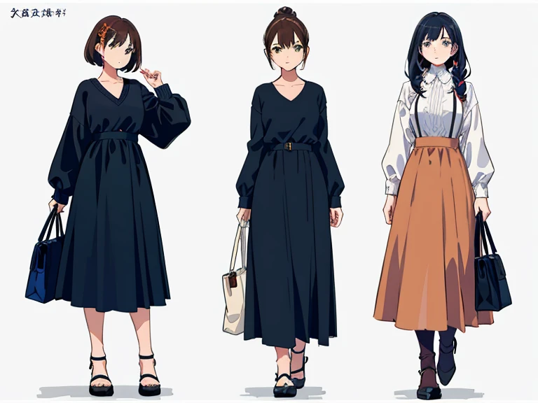 (((Best Quality))) , 4 women, multiple views, white background, variety of hairstyles, variety of fashion styles, holding bag, walk pose, holding smart phone, looking at another, dark blue/dark orange/dark green/dark violet/brown/white, looking to the side,