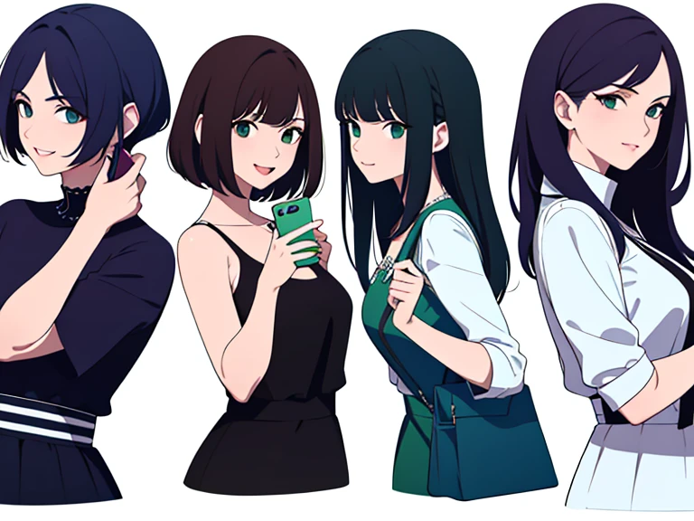 (((Best Quality))) , 4 women, multiple views, (((white background))), variety of hairstyles, variety of fashion styles, (((seductive pose))), fashionable and trendy atmosphere, holding bag,  holding smart phone, looking at another, dark blue/dark orange/dark green/dark violet/brown/white,
