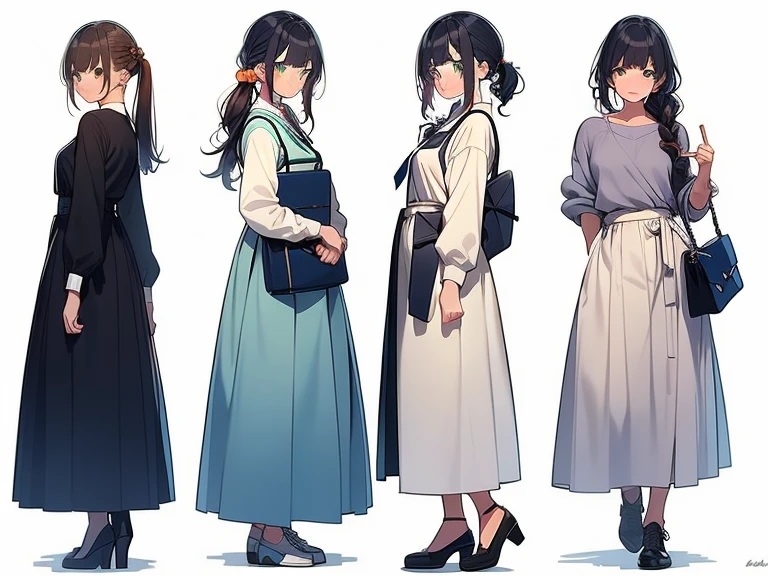 (((Best Quality))) , 4 women, multiple views, white background, variety of hairstyles, variety of fashion styles, holding bag, walk pose, holding smart phone, looking at another, dark blue/dark orange/dark green/dark violet/brown/white,