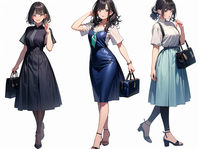(((Best Quality))) , 4 women, multiple views, white background, variety of hairstyles, variety of fashion styles, holding bag, walk pose, holding smart phone, looking at another, dark blue/dark orange/dark green/dark violet/brown/white,