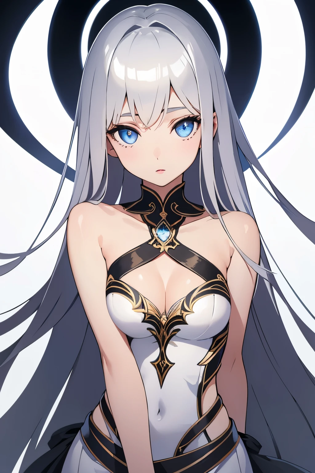 1girl, anime, cute girl, blank background, white background, fantasy, detailed dark fantasy dress with highlights, beautiful face, beautiful eyes, dark colors, silver hair, slightly small breasts, slight cleavage, beautiful skin, cute, breast curtains, extremely delicate and beautiful, (beautiful detailed face:1.0), (detailed deep eyes), symmetrical breasts, deep eyes, shiny skin, portrait, slender waist, hips wider than shoulders, thighs, young girl, expressionless, luminous eyes