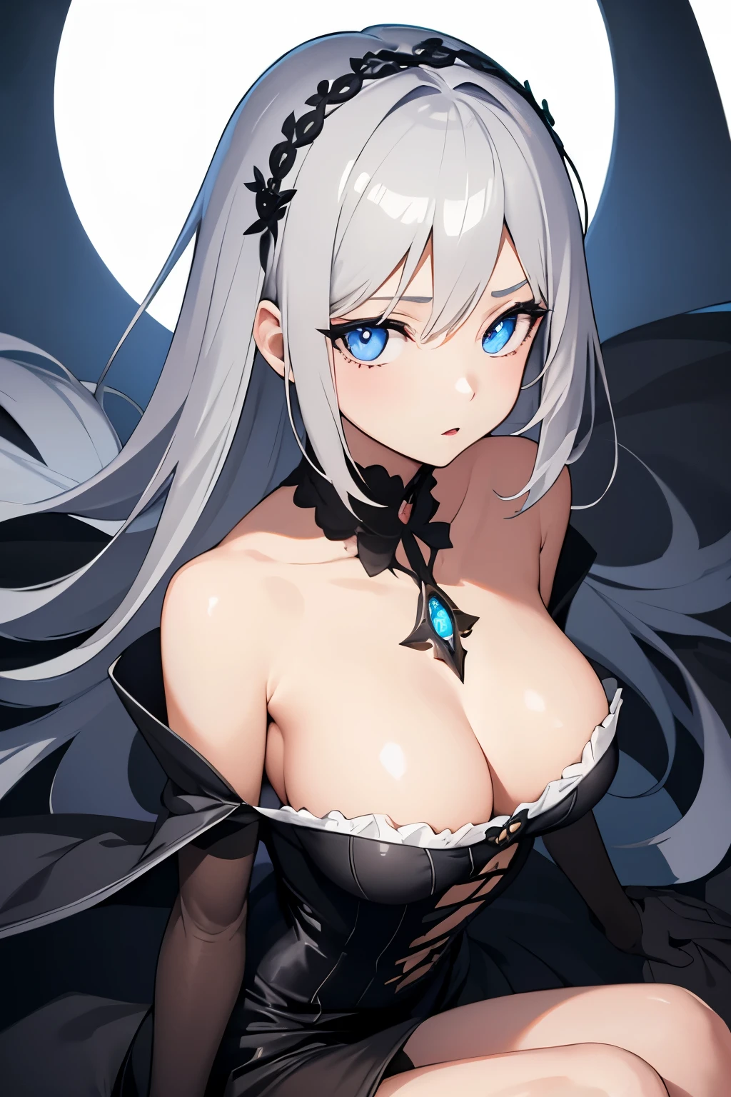 1girl, anime, cute girl, blank background, white background, fantasy, detailed dark fantasy dress with highlights, beautiful face, beautiful eyes, dark colors, silver hair, slightly small breasts, slight cleavage, beautiful skin, cute, breast curtains, extremely delicate and beautiful, (beautiful detailed face:1.0), (detailed deep eyes), symmetrical breasts, deep eyes, shiny skin, portrait, slender waist, hips wider than shoulders, thighs, young girl, expressionless, luminous eyes