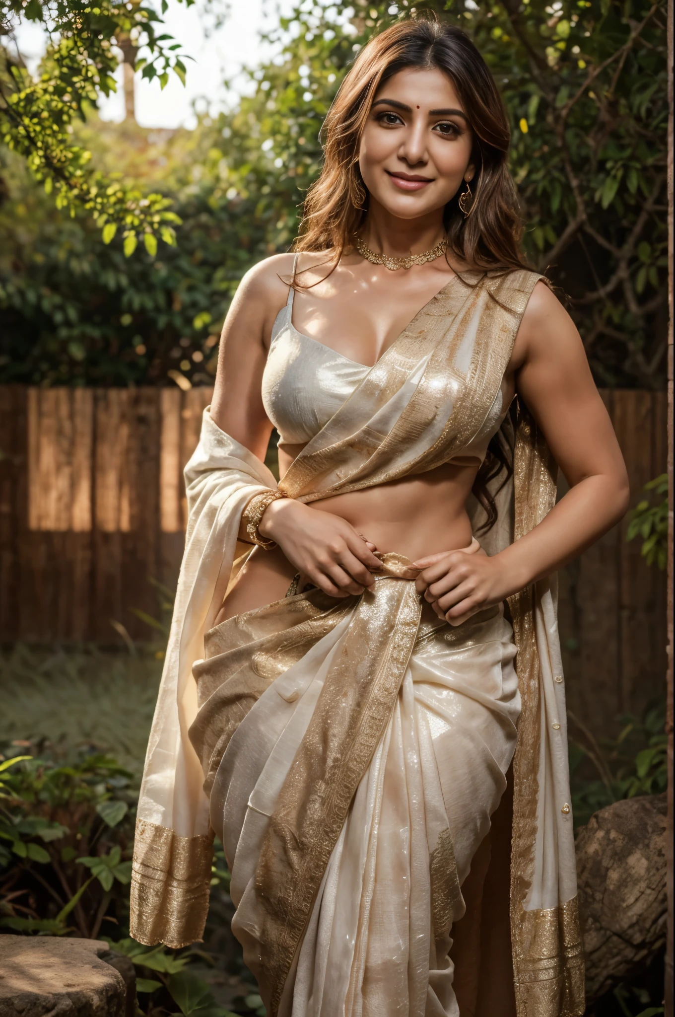 Nsfw. walking in a moonlit courtyard, forest background, mythical forest, huge trees, exotic girl, indian, vivacious, looking at the viewer, shining skin, perfect lighting, the embodiment of grace and elegance, provocative pose, smiling seductively, (saree and jewelry), Big breasts, curvy ass, clear curvy details, beautiful curves, detailed eyes, detailed pupil, long shining hair, volumetric lighting, Ultra Detailed, unity 8k wallpaper, ultra detailed, aesthetic, masterpiece, best quality, photorealistic