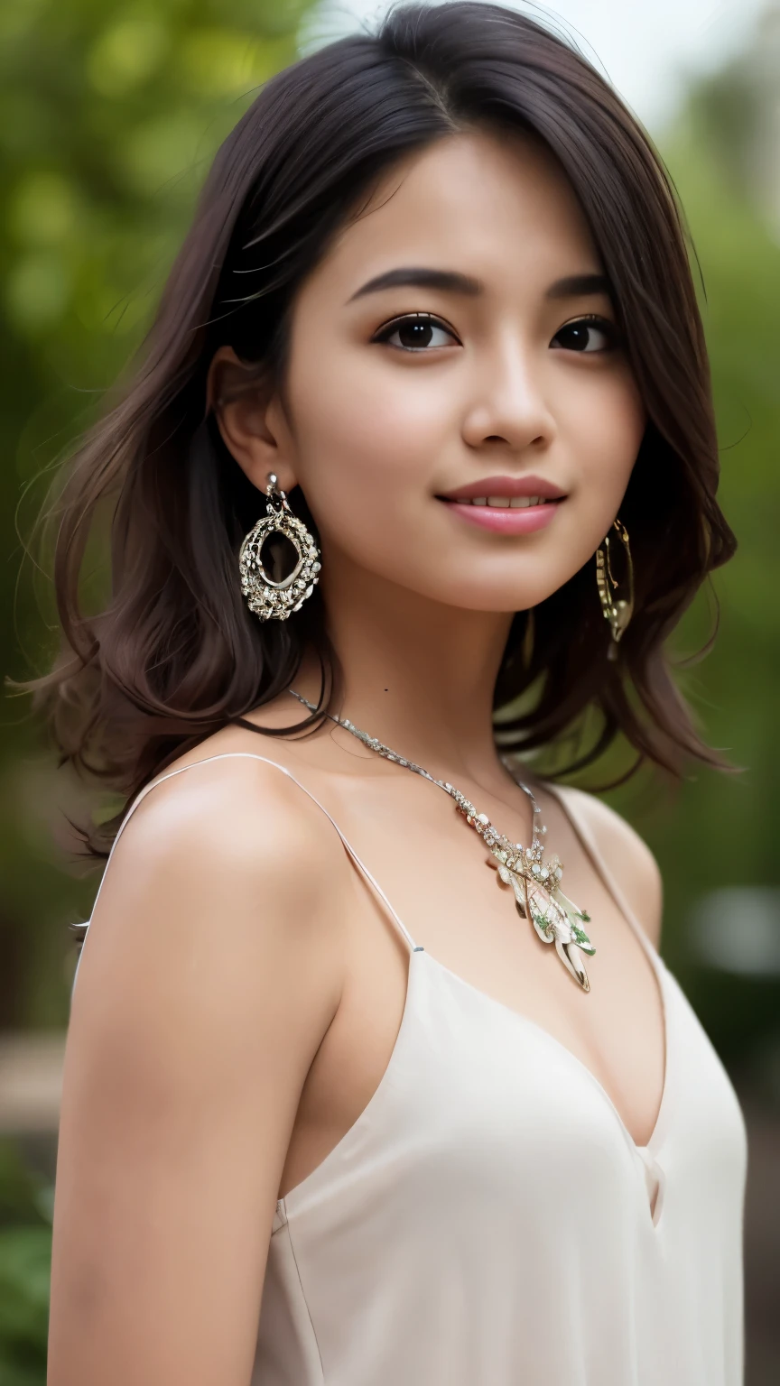 (8k, RAW Photos, Best Quality, High Resolution: 1.1), (Ultra Realistic: 1.4), (Realistic, Photorealistic: 1.3), Soft Light, young girl, Malay Pakistani look, wear white loose half cami top, posing at flower garden, small mole near lips, Realistic Face, Realistic Body, Realistic Skin, side view, Absurdity, Masterpiece, (Cute: 1.8), Cuties, Solo, Detailed Black Eyes, Innocent Eyes, Cheek, Cinema Light, Film grain, long necklace, small earrings, ((hair black, medium length, layer cut, wavy hair)), cherry colored lips, , close-up, look viewer from 45degree right, upper body, open lips, medium breast , cleavage, medium breast, nipples, upper teeth, cute smile show teeth, (smiling eyes: 0.6), (grin: 1.2)), depth of field, blurred background, eye focus, bokeh, young, 85mm lens, f/2, ambient soft lighting, portrait, photon mapping, radiosity, physically based rendering,