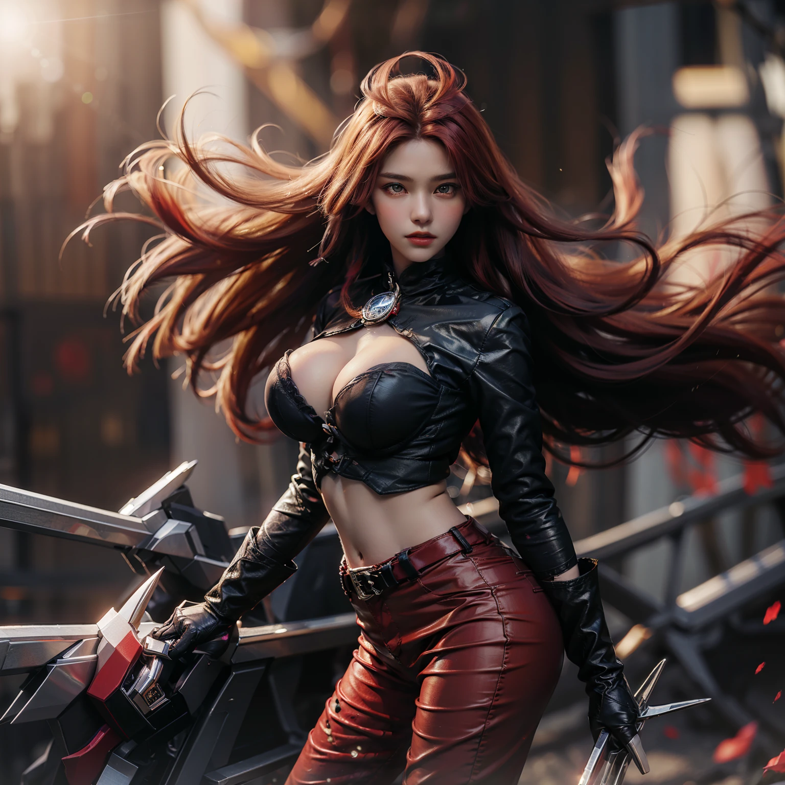 dextra_normal, solo, ahoge, long hair, very long hair, (red hair:1.2), floating hair, breasts, medium breasts, jacket, open jacket, red eyes, thighhighs, gloves, black gloves, lips, red lips, makeup, lipstick, navel, midriff, high heel boots, belt, pants, red pants, ass, open clothes, high heels, cape, (masterpiece),((ultra-detailed)), (highly detailed CG illustration),(expressionless), (best quality:1.2),(1girl:1.2),High quality texture, intricate details, detailed texture, High quality shadow, a realistic representation of the face, Detailed beautiful delicate face, Detailed beautiful delicate eyes, a face of perfect proportion, depth of field, ((Lens Flare, Ray tracing)), perspective,20s , perfect body, (narrow waist:1.3), distinct_image, (lustrous skin), solo focus, (finely detailed beautiful eyes and detailed face), (streaked hair ), light source contrast, (pureerosface_v1:0.5) , (ulzzang-6500-v1.1:0.5), ((floating hair, windy)), hair stick, siting in the bench, (big breasts:1.8), sexy