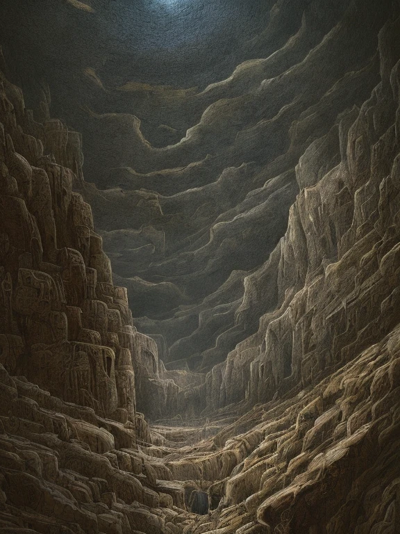 A somber figure of Death clad in dark robes wanders aimlessly in the valley of shadows, surrounded by raw, desolate landscapes of despair. The scene is graced with an award-winning, superior quality presentation, showcasing intricate details of the valley's rocky terrain and towering cliffs. The play of light and shadow creates a haunting, dramatic effect that beautifully captures the essence of despair and suicide.
((color palette: black, dark gray, and deep blue)), ((best lighting: moody and low)), ((extreme details: rough textures and intricately modeled rocks)), ((atmosphere: foreboding and melancholic)), ((emotionally