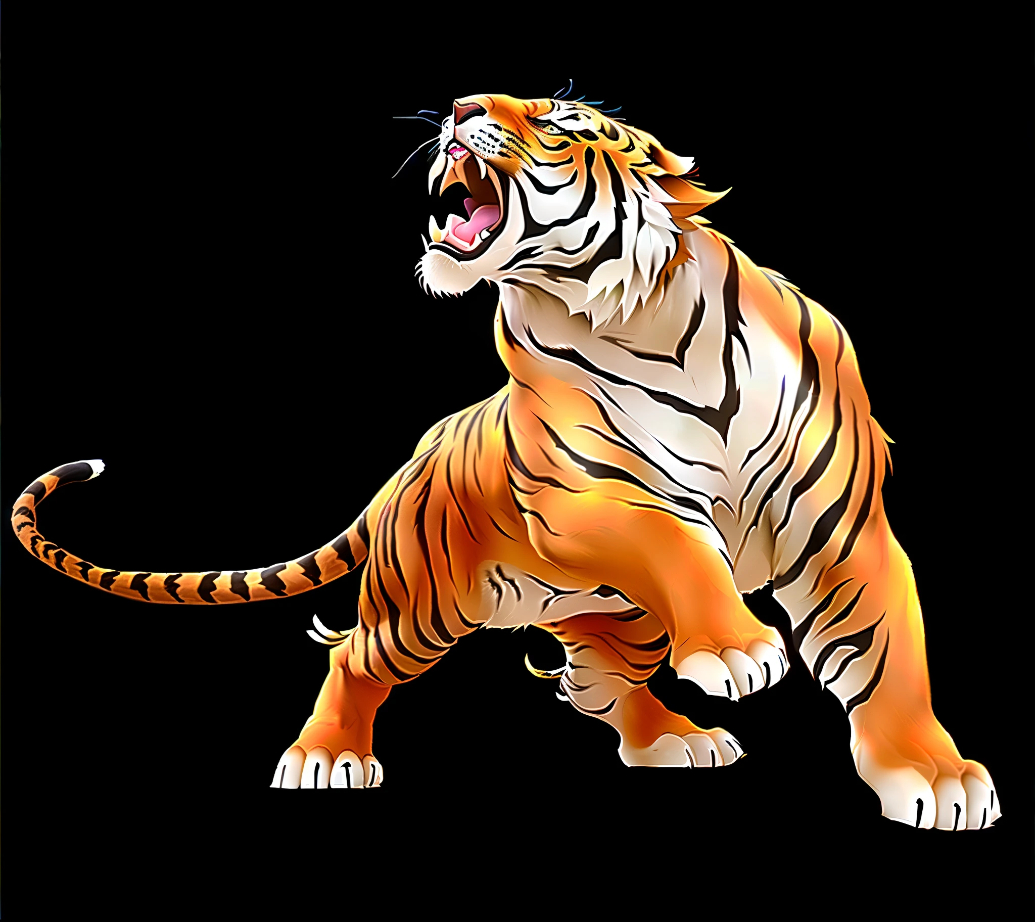 tiger with open mouth and mouth wide open on black background, tiger_beast, anthropomorphic tiger, a tiger, ((tiger)), tiger, Strong and fierce, tiger of fire flying, the tiger is smiling, highly detailed animals monster, highly detailed animals, The numbers are very detailed, fierce appearance, sacred tiger, HD illustrations, scary angry pose,8k, super detail, ccurate, best quality, high details, award winning, highres, HD, best quality, high quality, super detail, masterpiece, UHD, retina