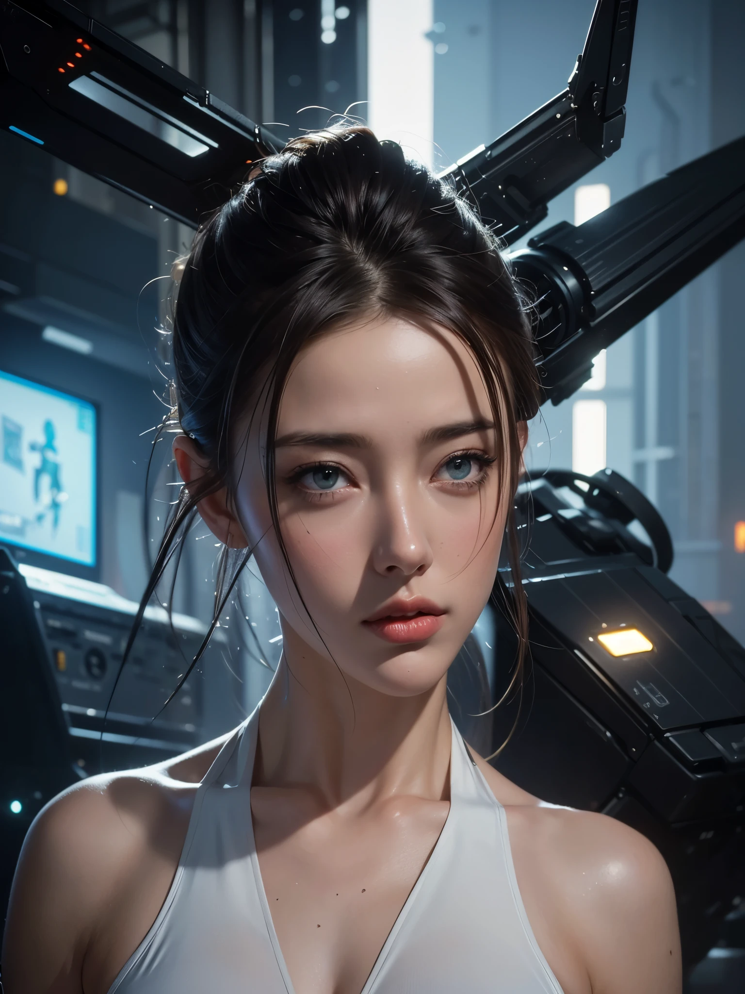 Amber Heard, 25 yo, Perfect Face, Perfect body, bodybuilder, White Swinsuit armored cyberpunk, Pretty Features, Spaceship Interior, Wadim Kashin, James Gurney, INK, Splash Art", Royo, Sharp Focus, Emitting Diodes, Smoke, Artillery, Sparks, Racks, SYSTEM Unit, Motherboard, by Pascal Blanche Rutkowski Repin Artstation Hyperrealism Painting Concept ART of Detailed Character Design Matte Painting, 4K Resolution Blade Runner, Mysterious