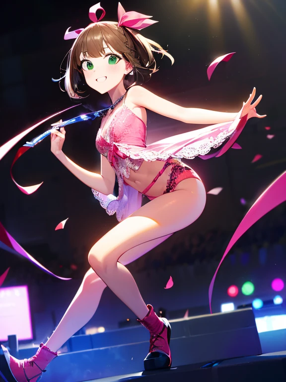 ((highest quality, 8K, table top: 1.3, RAW photo)), sharp focus: 1.2, (1 Aespa Girl :1.1), alone, cute face, highly detailed face, Slightly shaggy brown bob、Big red ribbons on the left and right sides of the head、green eyes、small smile, thin, (idol uniform 1.5), concert hall, (Show pink lace panties:1.1), from the front, Full body painting