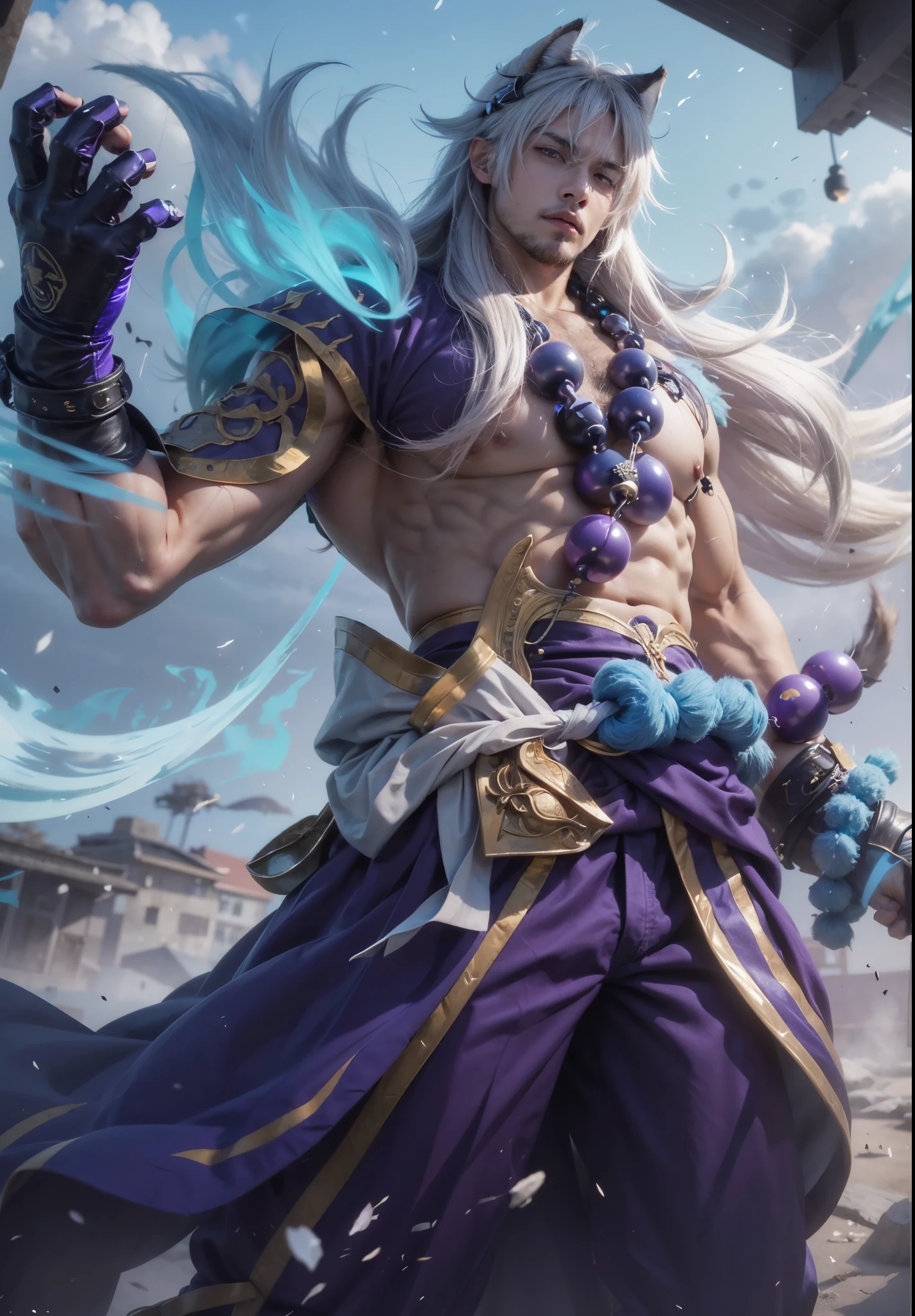 (Realistic),(Ryu of Street Figther: 1.1), Texture, White fluffy hair and bangs, red eyes, face tattoo, tough guy, (Head slightly raised), Eyes with contempt, anger, Dog ears, bronze skin, toned body,no facial hair, confident looking, proud look, Huge purple prayer beads,  looking down camera