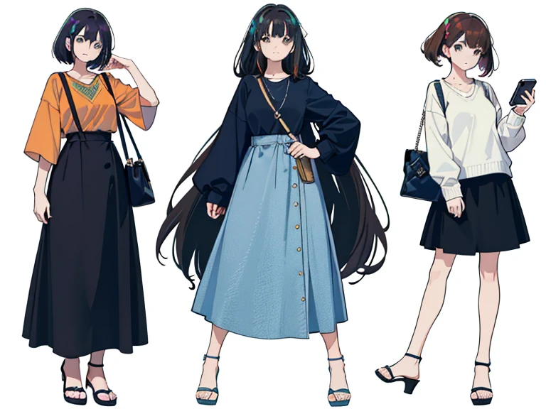 (((Best Quality))) , 4 women, multiple views, white background, variety of hairstyles, variety of fashion styles, holding bag, walk pose, holding smart phone, looking at another, dark blue/dark orange/dark green/dark violet/brown/white, feet out of frame,