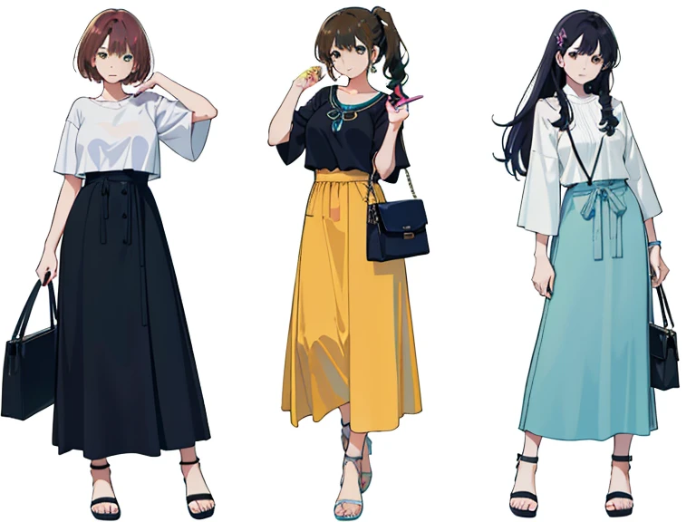 (((Best Quality))) , 4 women, multiple views, white background, variety of hairstyles, variety of fashion styles, holding bag, walk pose, holding smart phone, looking at another, dark blue/dark orange/dark green/dark violet/brown/white, feet out of frame,