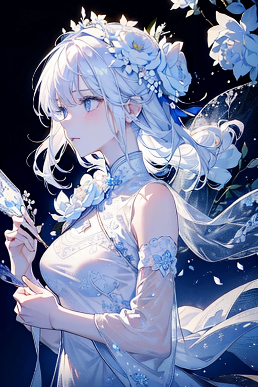 (Paradise in Heaven), White lighting,(muste piece), (best quality), (cinematic), 8K, (art station),(長いwhite hairとSilvery eyesを持つ1人の女), (beautiful delicate face)、[Frozen trees々], [landscape crystal], [lighting], [Ethereal Atmosphere:1.1], [fantasy, short story] ,[soft なlighting] 、(+cinematic shot:1.2)、 [+art station] 、[+luminous white background] 、 [soft glow] 、(Creative and dynamic angles:1.3), [+Crystal Toning] 、muste piece, very detailed, Super detailed, solo, (pale skin), Silvery eyes, white hair, (snow background), (snowflake rosen flower:1.5), (shining crystal), (Snowy ground), (White lashes), sexy woman、dreamy and detailed, Gorgeous setting, 妖しい雰囲気 muste piece, The most beautiful scenes, majestic、(((full of white flowers)))、quiet and serene atmosphere、attractive, all white tones,Inside the crystal library,Transparent flowers and falling snow，Many white roses are planted,(water flowing,waterfall,water bloom),The decoration is also carefully done.,dream（very detailedです，creative design，crisp and precise lines，K HD，best quality，master piece，超High resolution，In 4K）、Diverse poses、((beautiful white flower hair ornament))、beautiful hairstyle、(best quality, In 4K, 8K, High resolution, muste piece:1.2), Super detailed, detailed expression, graceful posture, expressive brush strokes, mysterious atmosphere, artistic interpretation,Delicate floral jewelry， (((Detailed design、Beautiful transparent dress made of thin fabric、Sheer mini dress that shows off your skin)))、(SFW:1.5), (oversized breasts, best body proportions, proportions of large breasts,:1.5)