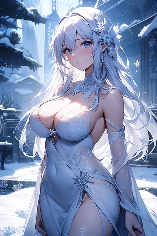 (Paradise in Heaven), White lighting,(muste piece), (best quality), (cinematic), 8K, (art station),(長いwhite hairとSilvery eyesを持つ1人の女), (beautiful delicate face)、[Frozen trees々], [landscape crystal], [lighting], [Ethereal Atmosphere:1.1], [fantasy, short story] ,[soft なlighting] 、(+cinematic shot:1.2)、 [+art station] 、[+luminous white background] 、 [soft glow] 、(Creative and dynamic angles:1.3), [+Crystal Toning] 、muste piece, very detailed, Super detailed, solo, (pale skin), Silvery eyes, white hair, (snow background), (snowflake rosen flower:1.5), (shining crystal), (Snowy ground), (White lashes), sexy woman、dreamy and detailed, Gorgeous setting, 妖しい雰囲気 muste piece, The most beautiful scenes, majestic、(((full of white flowers)))、quiet and serene atmosphere、attractive, all white tones,Inside the crystal library,Transparent flowers and falling snow，Many white roses are planted,(water flowing,waterfall,water bloom),The decoration is also carefully done.,dream（very detailedです，creative design，crisp and precise lines，K HD，best quality，master piece，超High resolution，In 4K）、Diverse poses、((beautiful white flower hair ornament))、beautiful hairstyle、(best quality, In 4K, 8K, High resolution, muste piece:1.2), Super detailed, detailed expression, graceful posture, expressive brush strokes, mysterious atmosphere, artistic interpretation,Delicate floral jewelry， (((Detailed design、Beautiful transparent dress made of thin fabric、Sheer mini dress that shows off your skin)))、(SFW:1.5), (oversized breasts, best body proportions, proportions of large breasts,:1.5)