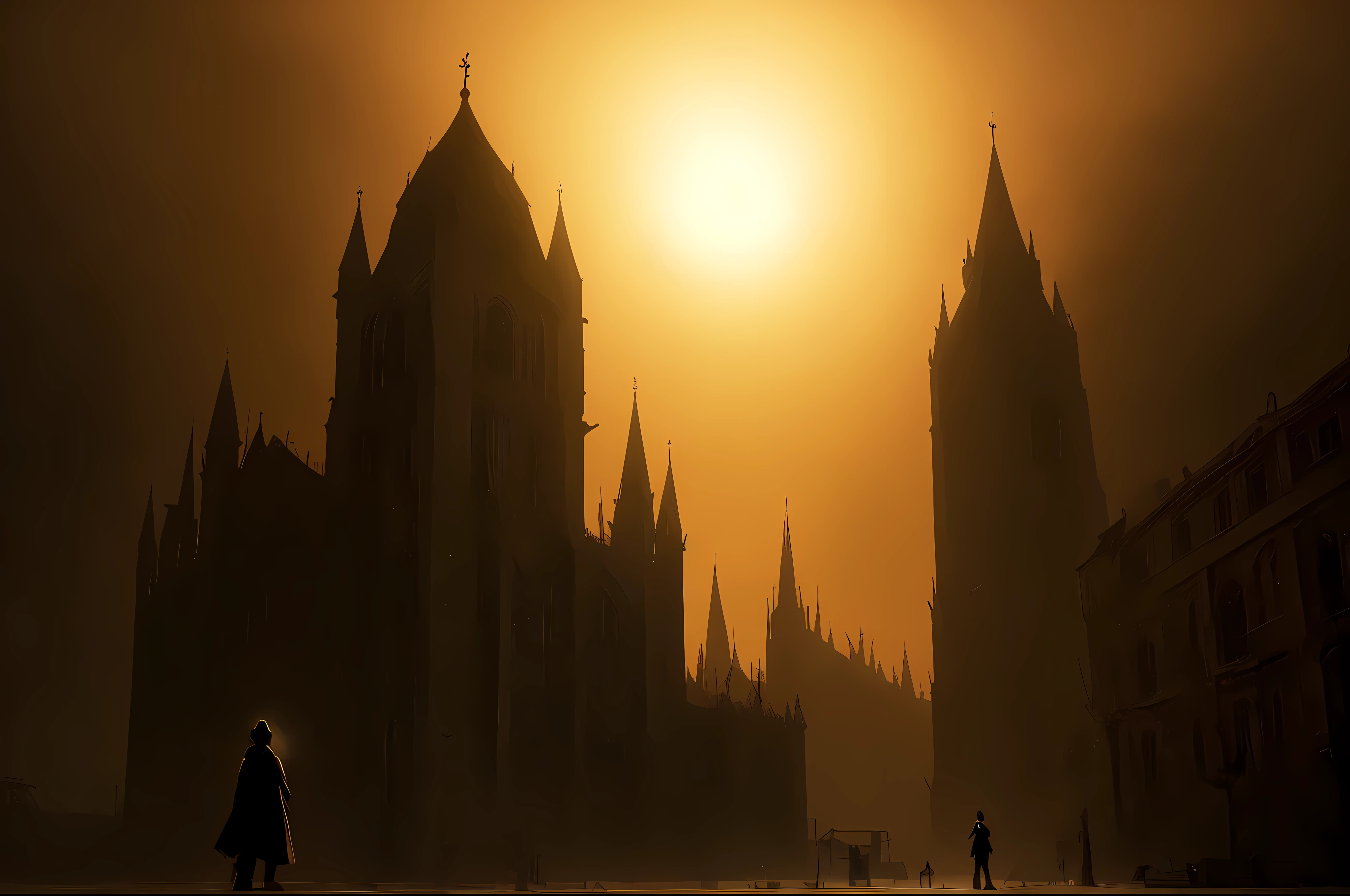 there is a man's spirit in the form of a silhouette floating, rising above in front of a cathedral building with a glow heavenly warm light, dramatic lighting. concept art, eerie nostalgic concept art, dramatic concept art, journey thatgamecompany, concept art stunning atmosphere, painterly concept art, by Aleksander Gine, painted as a game concept art, emotional concept art, concept painting, concept art for a video game