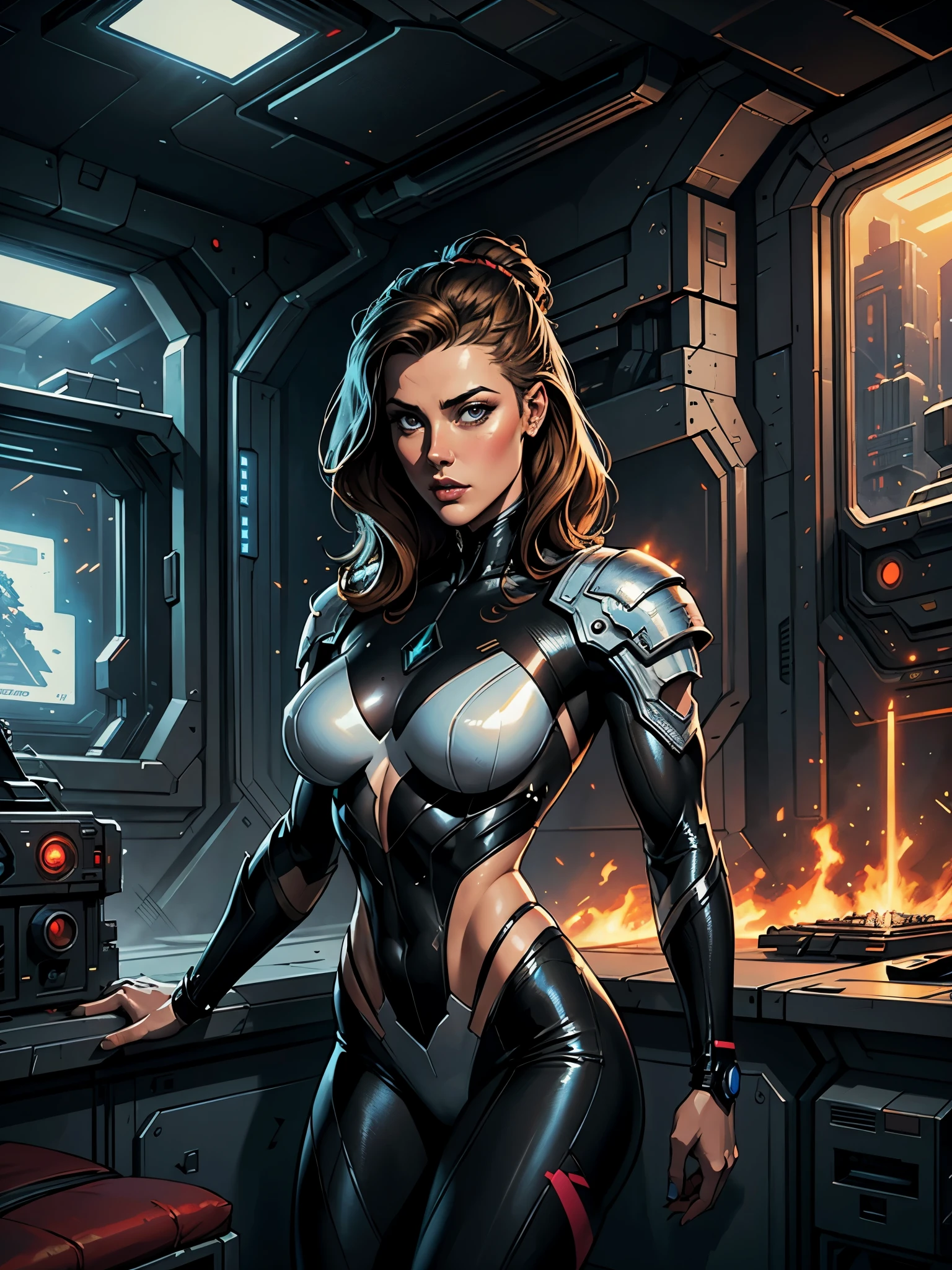 Amber Heard, 25 yo, Perfect Face, Perfect body, bodybuilder, White Swinsuit armored cyberpunk, Pretty Features, Spaceship Interior, Wadim Kashin, James Gurney, INK, Splash Art", Royo, Sharp Focus, Emitting Diodes, Smoke, Artillery, Sparks, Racks, SYSTEM Unit, Motherboard, by Pascal Blanche Rutkowski Repin Artstation Hyperrealism Painting Concept ART of Detailed Character Design Matte Painting, 4K Resolution Blade Runner, Mysterious