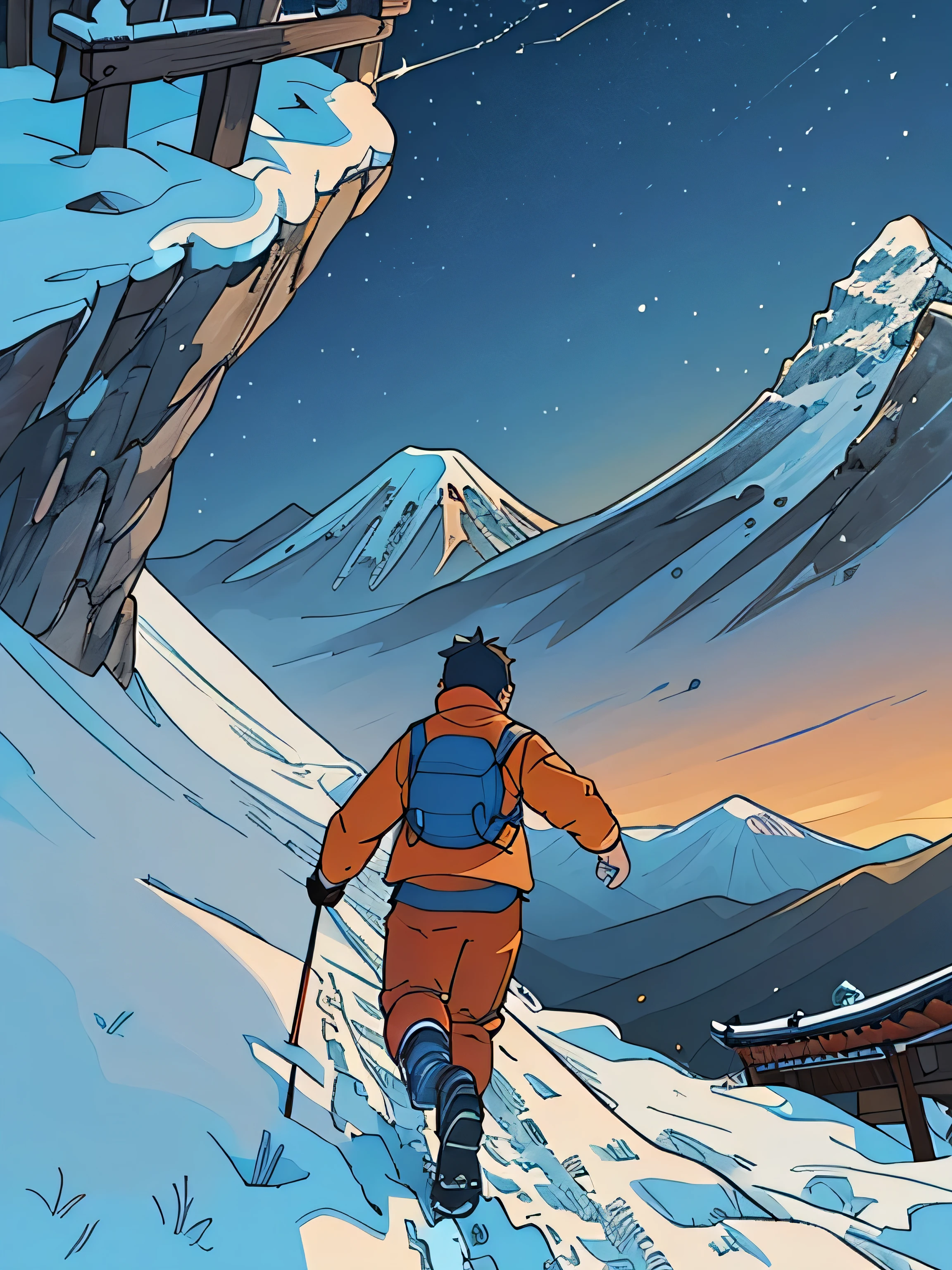(masterpiece,best quality),1 boy,mountain climbing,running,side,illumination,winter,穿着mountain climbing装备,jaqueta laranja,戴mountain climbing帽,背mountain climbing包,snow mountain,running,Back,Back
