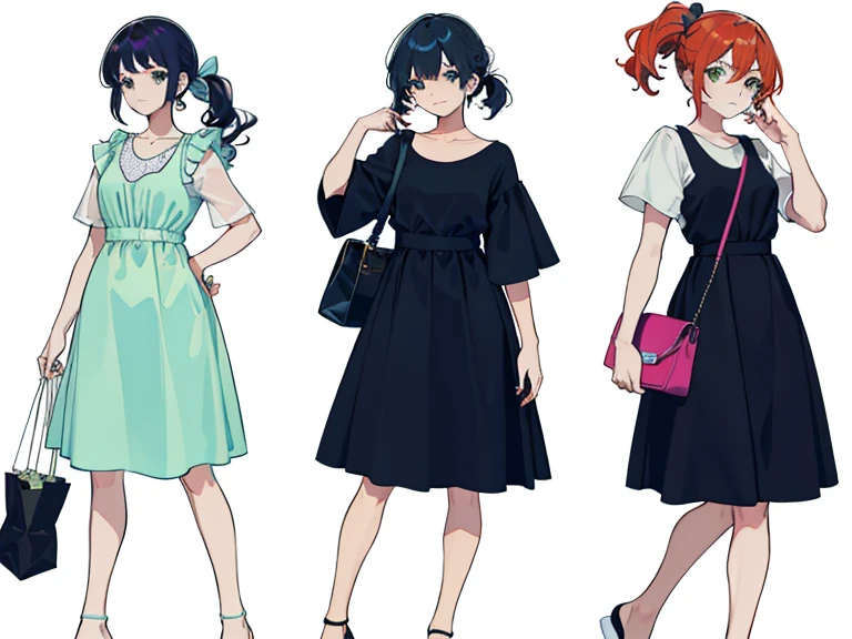 (((Best Quality))) , 4 women, multiple views, feet out of frame,
white background, variety of hairstyles, variety of fashion styles, holding bag, walk pose, holding smart phone, looking at another, dark blue/dark orange/dark green/dark violet/brown/white,