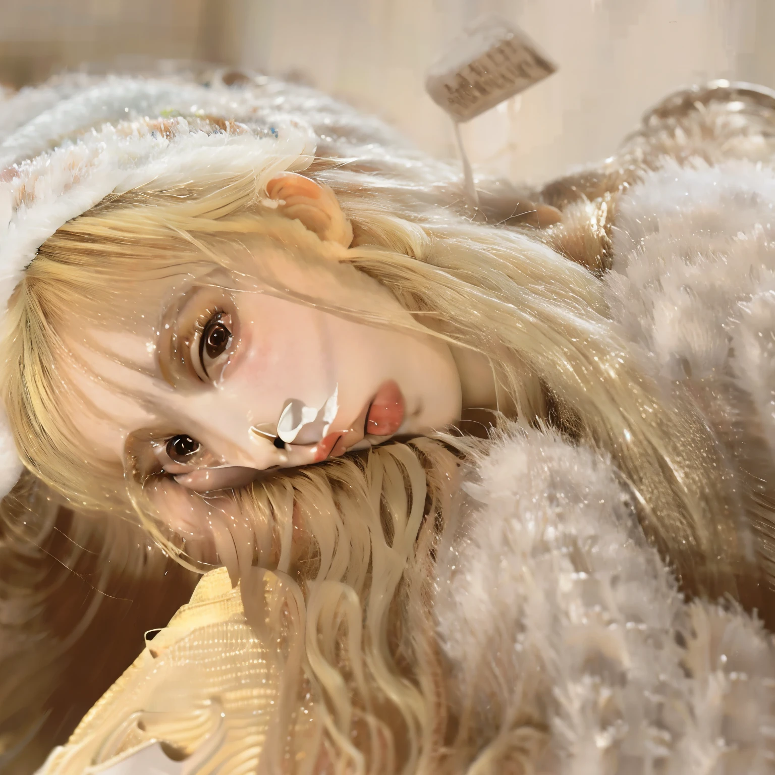 blond haired girl with white fur hat and white dress, long blonde hair and no bangs, ulzzang, with white long hair, with long white hair, long blonde hair and big eyes, karina from aespa, long blonde hair and large eyes, with long blond hair, blonde anime girl with long hair, extremely pale blond hair, perfect white haired girl