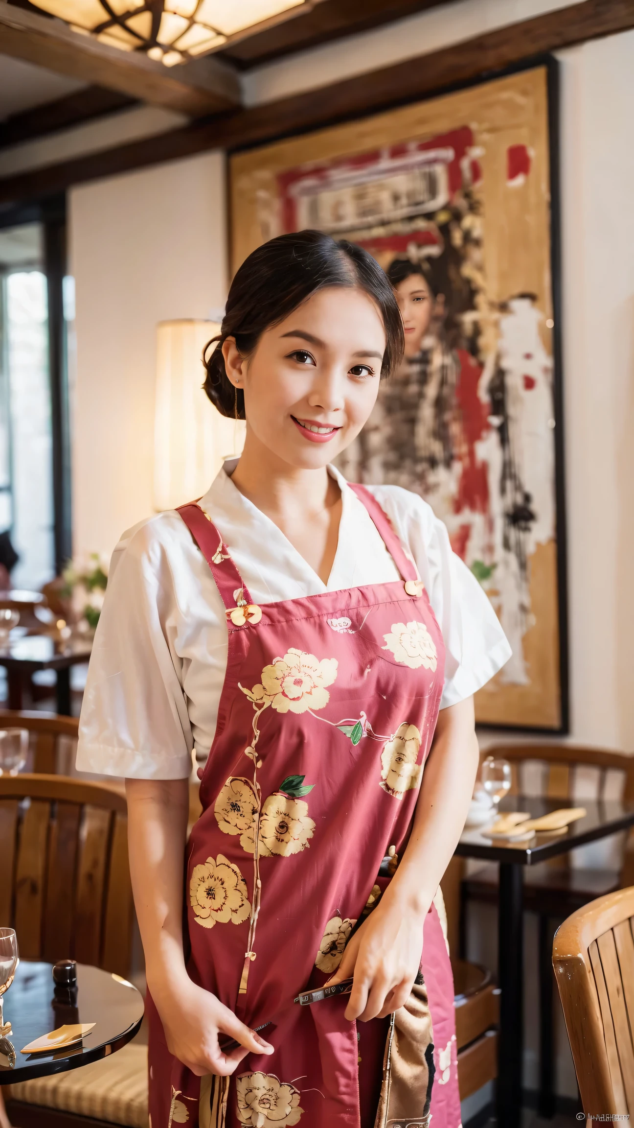 (Super fine,fidelity:1.37),portrait,Chinese restaurant owner,black hair,brown eyes,delicate lips,Put on an apron,confident smile,Neat appearance,Chinese traditional spring clothing,floral pattern,Standing in a brightly lit restaurant,antique wooden furniture,Elaborately carved decoration,Chinese traditional elements,Beautifully painted porcelain plates and teapots,Authentic Chinese cuisine,Vibrant color palette,Defocused lights in the background create a warm and inviting atmosphere
