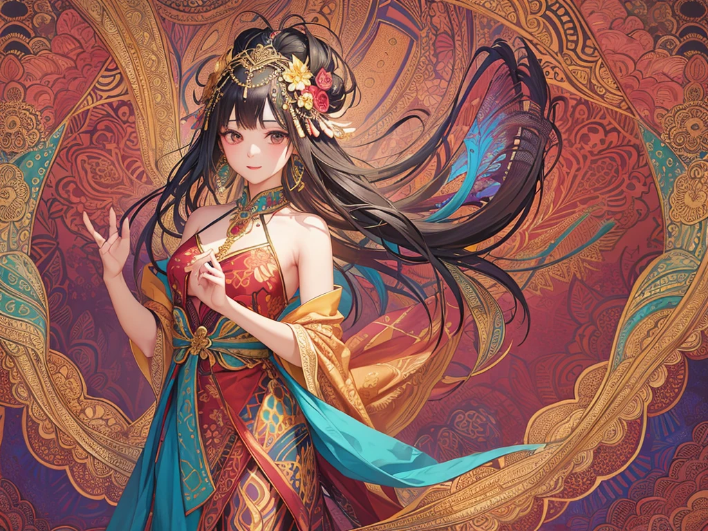 (1girl, solo, batik clothing,)
(Extremely detailed,HD imagery,)
(Abstract background, intricately designed with zentangle and fractal art,)
(A vibrant palette of many colors, each hue richly saturated,)
(Feathers delicately attached, petals in bloom, and various flowers adorned,)
(Dynamic pose, capturing the essence of motion and grace,)
(Earrings crafted with intricate beadwork and gemstones, dangling softly near her shoulders.)