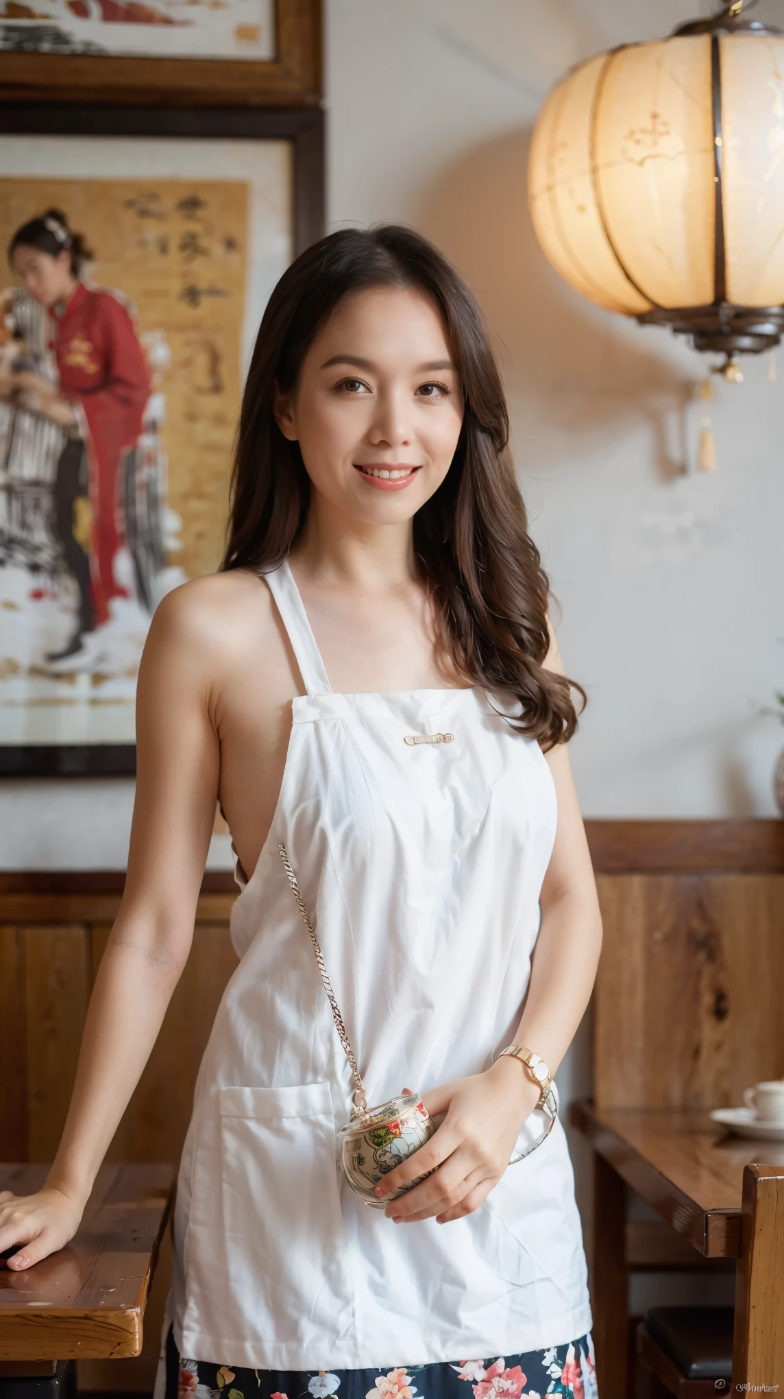 （Super fine，fidelity：1.37），portrait，Chinese restaurant owner，dark hair，brown eyes，delicate lips，Tie an apron，confident smile，well groomed appearance，Chinese traditional spring clothes，floral pattern，Standing in a brightly lit restaurant，antique wooden furniture，Elaborately carved decoration，Chinese traditional elements，Beautifully painted porcelain plates and teapots，Authentic Chinese cuisine，Vibrant color palette，Defocused lights in the background create a warm and inviting atmosphere