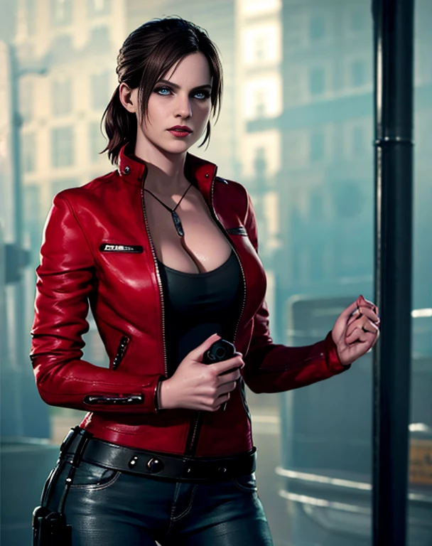 hay una mujer con una chaqueta roja sosteniendo una pistola, Inspirado en Resident Evil, realistic art style, fotorrealista artstyle, deviantart art station cgscosiety, La glamorosa Jill Valentine, 🌺 sociedadcg, fotorrealista dark concept art, arte conceptual fotorrealista, sociedadcg - w 1 0 2 4 - n 8 - i, fotorrealista!!!!!!! Estilo de Arte