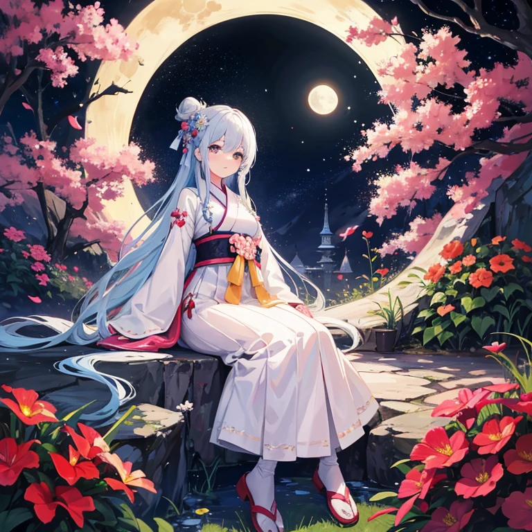 highest quality, expensive_solve, clear_image, detailed background ,girl, Hanbok,flower,garden,moon, night, fantasy
