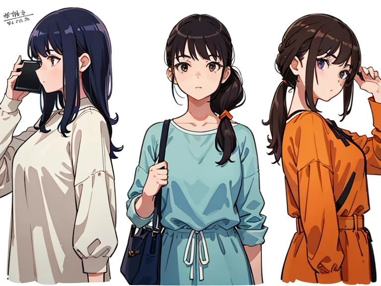 (((Best Quality))) , 4 women, multiple views, upper body,
white background, variety of hairstyles, variety of fashion styles, holding bag, walk pose, holding smart phone, looking at another, dark blue/dark orange/dark green/dark violet/brown/white,