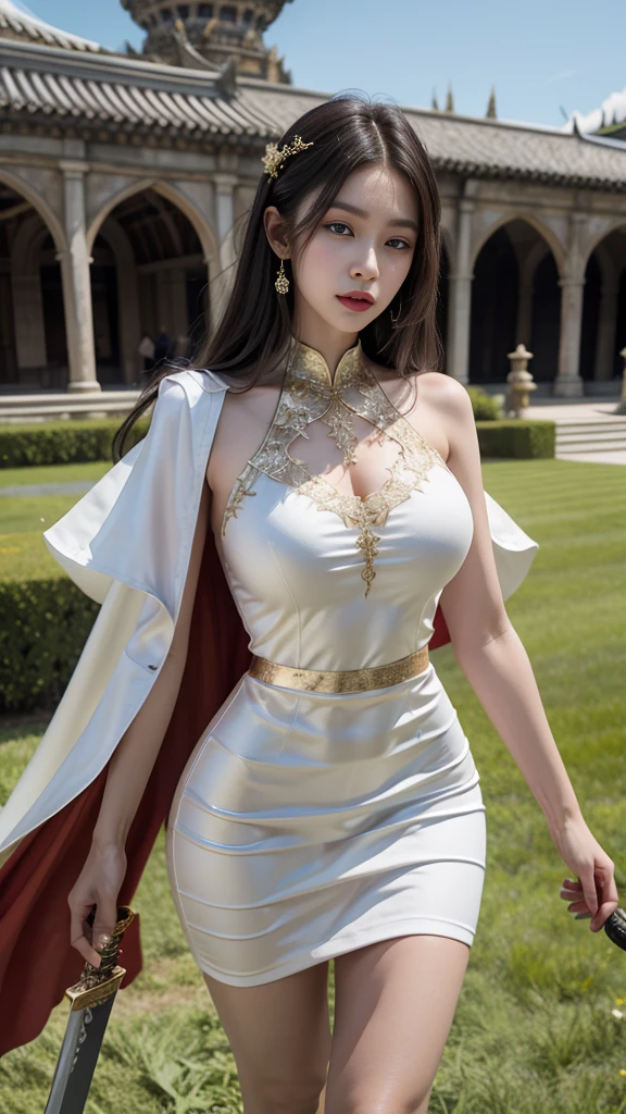 Young woman, [light crown, blue eyes red, Beautiful makeup, bright red lips, Beautiful hair, black hair, straight hair, My hair is very long., Beautiful Breasts, big breasts, big breast, breast augmentation, proportional figure, small waist, thin body, majestic, Charming Succubus], [short white lace dress, ชุดSkin, Short series, Slim dress, short dress, Skin, white gold, tight fitting, red white dress, Red coat, floating cloak, Few pieces of armor, arm armor], [stand, Leg separation], holding a sacred sword, Long sword, Big Sword, Excalibur Sword, ดาบMagic], CG, Realistic resolution, 8K, light emitting figure, fight, Monster, Magic, beam, (sky backdrop, cliff, meadow, Dungeon, historic site), other, โชว์big breast, Dynamic, White dress with gold embroidery