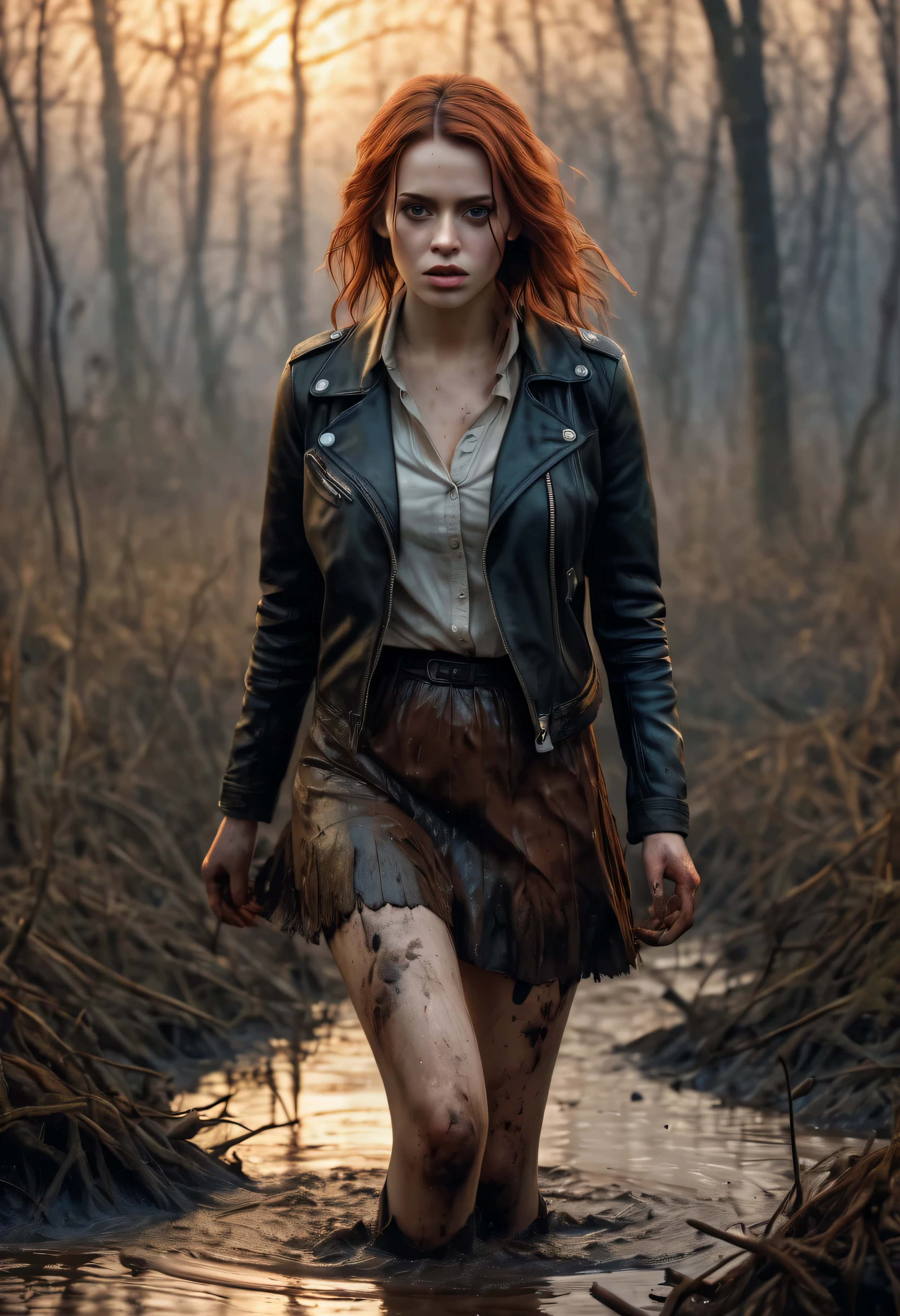 (best quality,4k,8k,highres,masterpiece:1.2),ultra-detailed,(realistic,photorealistic,photo-realistic:1.37),woods,warm lighting,The woman,Scared,Muddy swamp,drowning in a swamp,pencil skirt,Stockings with garters,leather jacket,muddy, dirty clothes,Copper-red hair,illustration,detailed pencil drawing,high contrast,twilight colors,soft shadows,faint mist,evocative atmosphere,Precise lines,Expressive strokes,texture of the muddy swamp,thick and rich colors,hazy background,artistic graininess