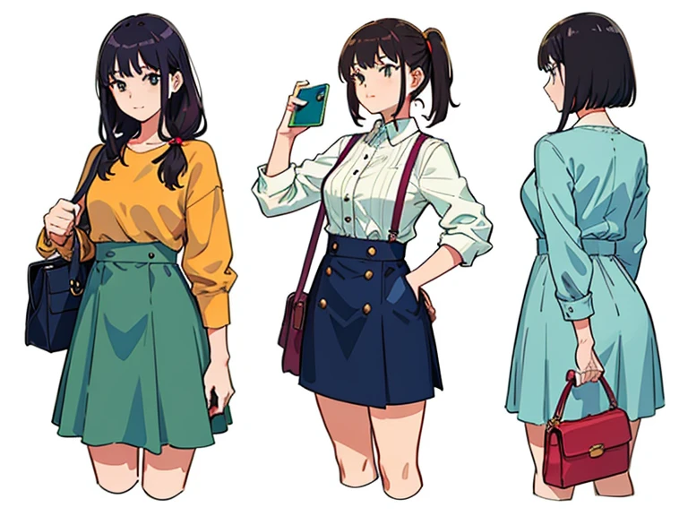 (((Best Quality))) , 4 women, multiple views, cropped legs,
white background, variety of hairstyles, variety of fashion styles, holding bag, walk pose, holding smart phone, looking at another, dark blue/dark orange/dark green/dark violet/brown/white,