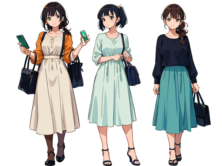 (((Best Quality))) , 4 women, multiple views, cropped legs,
 white background, variety of hairstyles, variety of fashion styles, holding bag, walk pose, holding smart phone, looking at another, dark blue/dark orange/dark green/dark violet/brown/white, 