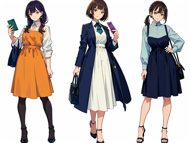 (((Best Quality))) , 4 women, multiple views, cropped legs,
white background, variety of hairstyles, variety of fashion styles, holding bag, walk pose, holding smart phone, looking at another, dark blue/dark orange/dark green/dark violet/brown/white,