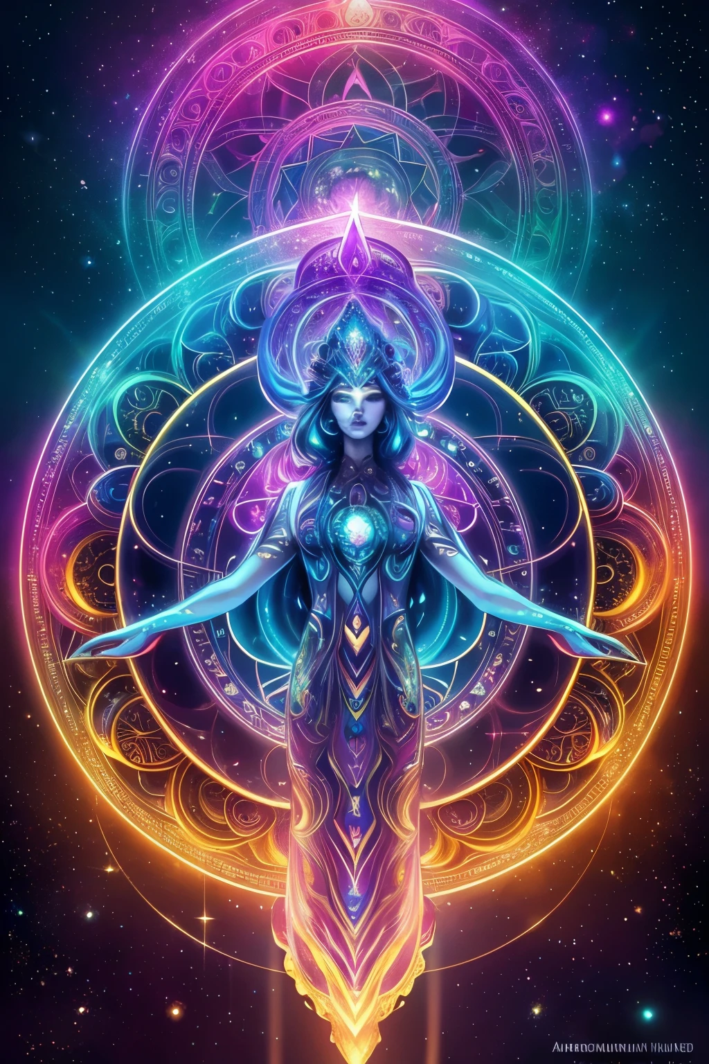 (High quality, realistic UHD rendering: 1920x1080 pixels, 120 frames per second): An intricately detailed and otherworldly portrait of an Arcturian creature, a magnificent extraterrestrial being from the stars. With an exquisite and highly detailed face and body, this Arcturian being showcases vibrant, iridescent colors that shine against the backdrop of a vast, swirling galaxy. The meticulously designed Mandala of Metatron hovers above the creature's head, its detailed design radiating an ethereal aura, as the intricate Mandala patterns dance and shimmer with every breath the Arcturian