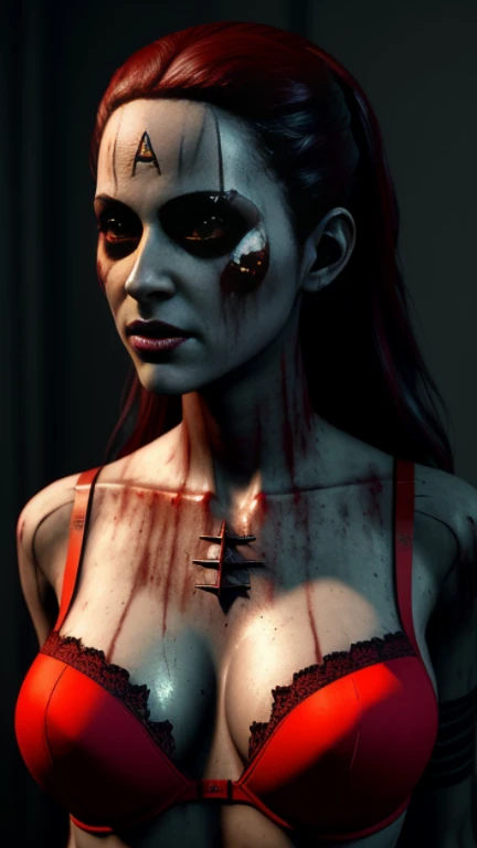 arafed woman in a red bra top and a creepy mask, eerie highly detailed, highly detailed horror, horror!! highly detailed, horror cgi 4 k, dark cinematic lighting, rendered in sfm, cinematic bust shot, horror game graphics, photorealistic horror, hauntingly beautiful zombie, indie video game horror, makeup. unreal engine, creepy pose