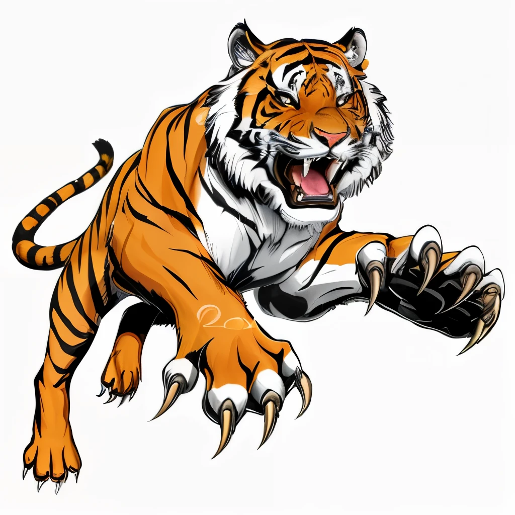 a tiger with claws and claws on its paws running, tiger_beast, anthropomorphic tiger, high school mascot, tigers, tiger, a tiger, tiger of fire flying, ((tiger)), sharp teeth and claws, sports team mascot, author:Sava Sumanovich, author:Ghana tour, sports mascot, Sharp and detailed claws, 8k, super detail, ccurate, best quality, high details, award winning, highres, HD, best quality, high quality, super detail, masterpiece, UHD, retina