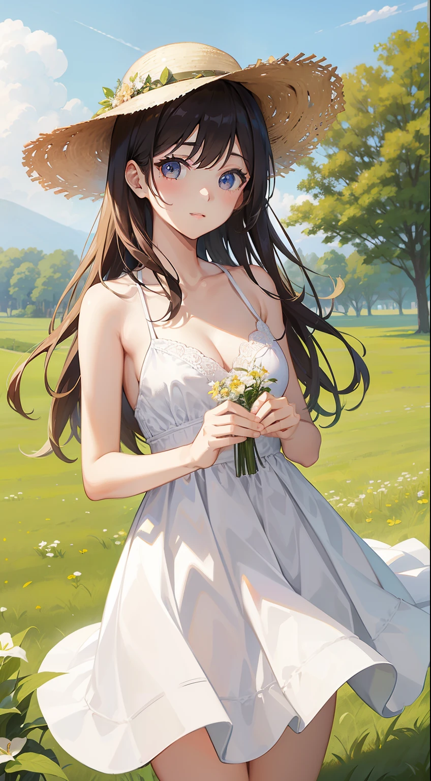 Beautiful girl in a white dress、17 years old、cleavage、bare shoulders、straw hat、summer、field road、Run