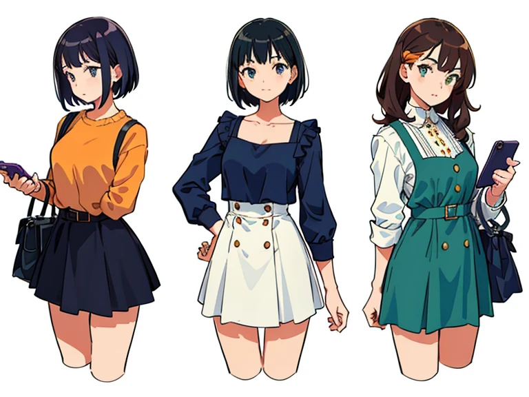 (((Best Quality))) , 4 women, multiple views, (((cropped legs))),
white background, variety of hairstyles, variety of fashion styles, holding bag, walk pose, holding smart phone, looking at another, dark blue/dark orange/dark green/dark violet/brown/white,