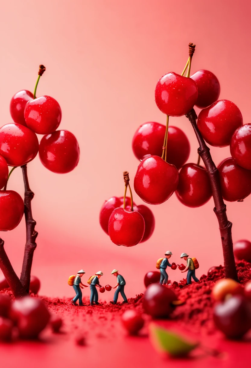 miniature food photography, A group of picking workers, hiking among giant cherry, red background, soft color blending,in a surreal photography style, bright studio light, minimalist